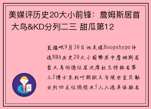 美媒评历史20大小前锋:詹姆斯居首 大鸟&KD分列二三 甜瓜第12