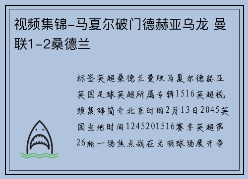 视频集锦-马夏尔破门德赫亚乌龙 曼联1-2桑德兰